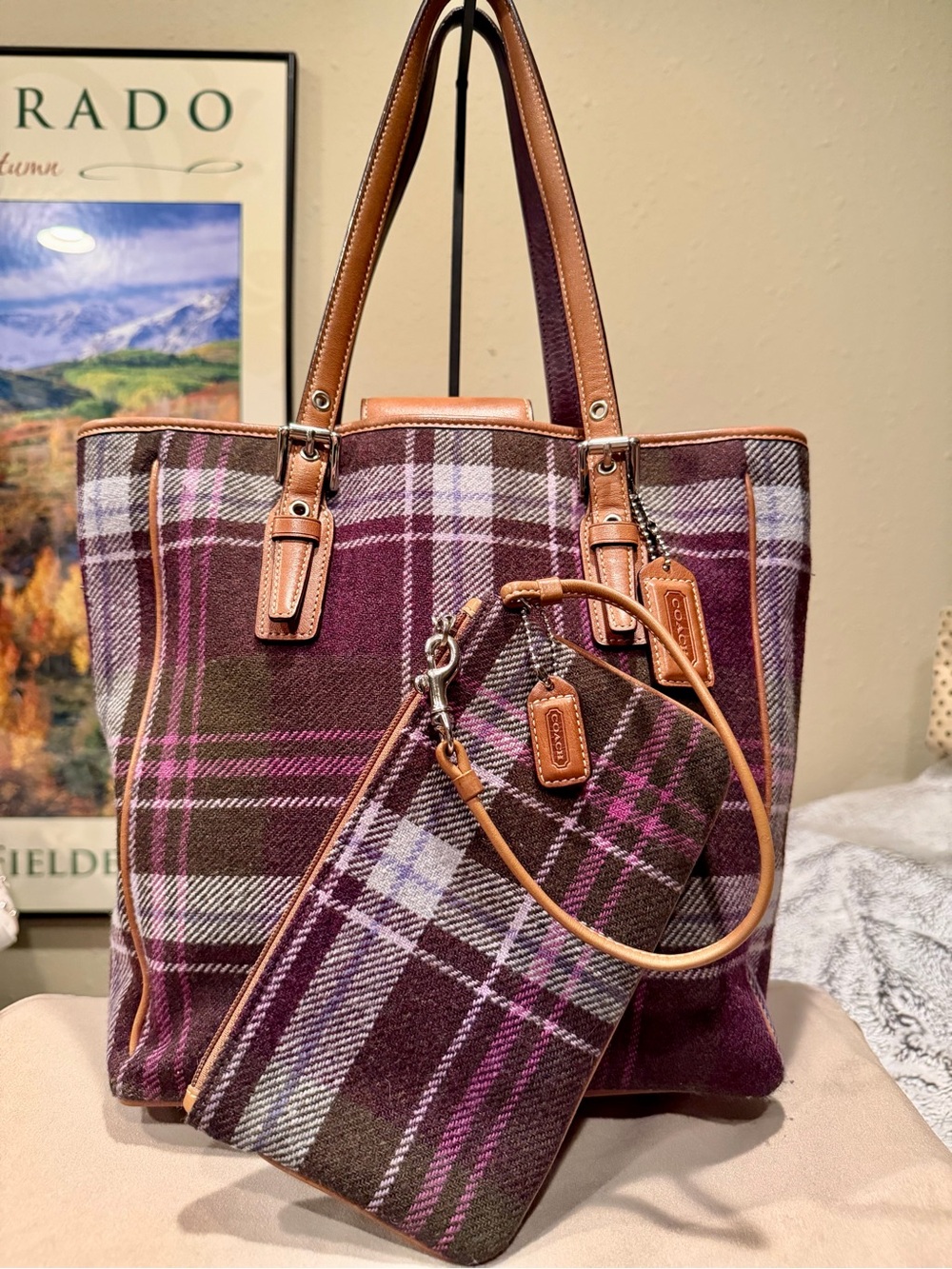Vintage Coach Hampton Tartan Wool Tote Bag & Wristlet Set Purple Plaid EUC - Picture 2 of 16
